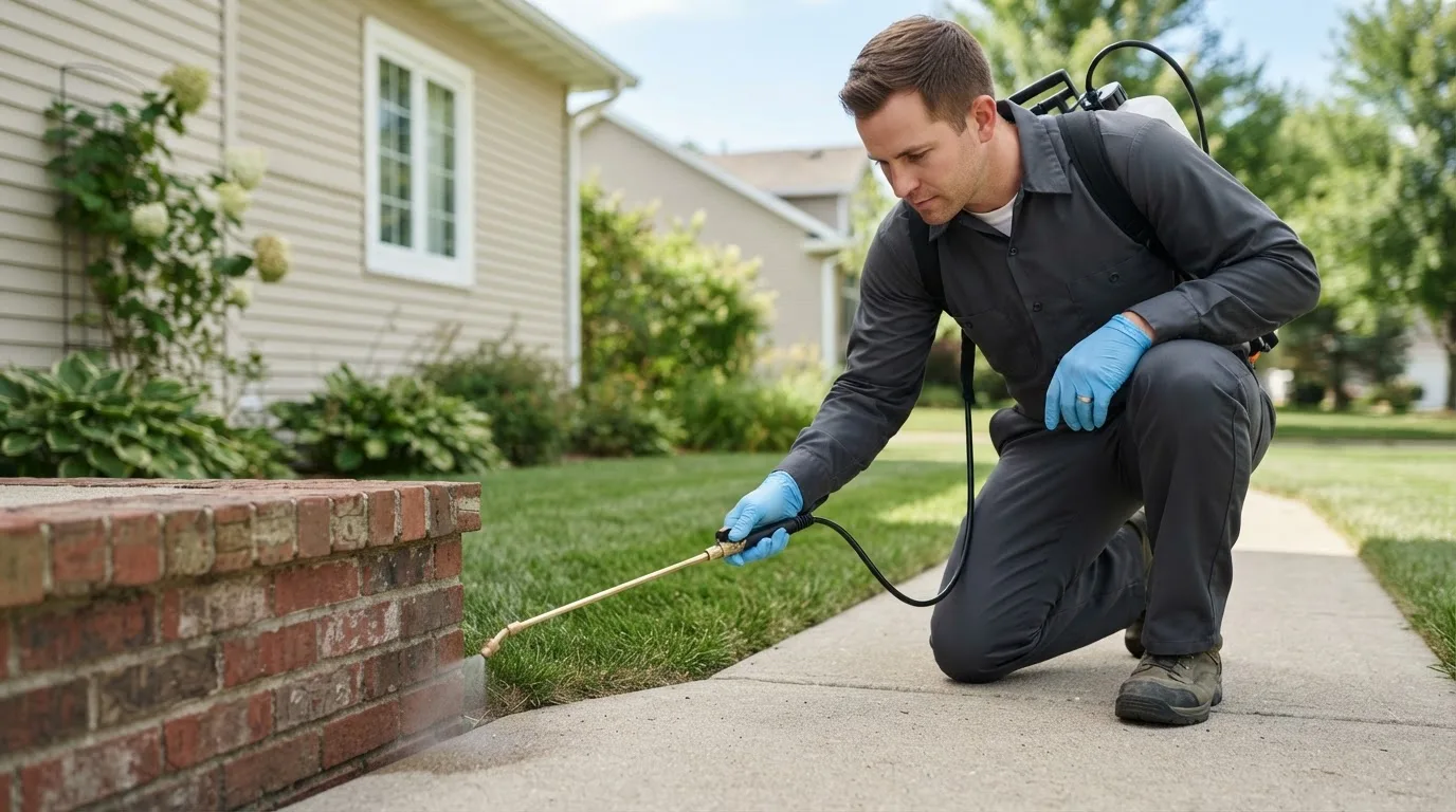 Pest control technician treating a home near Shannon City, IA