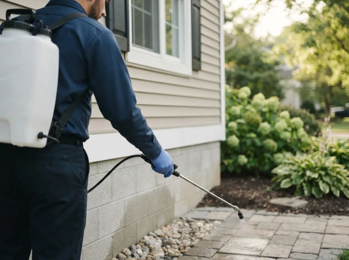 Pest control technician inspecting a home in Shannon City, IA